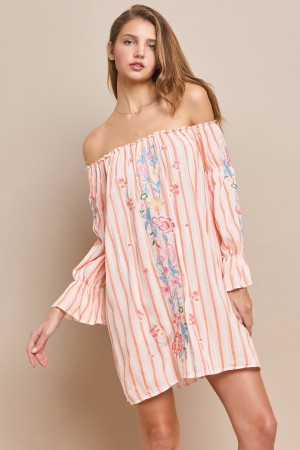 38015-VACATION<br/>Flower Embraided Off Shoulder Mini Dress