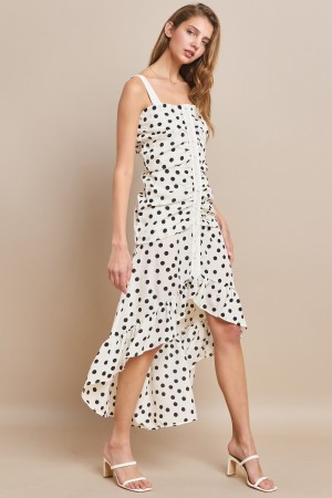 69011-DRESS<br/>Polka Dot Rushed High Low Hem Summer Dress