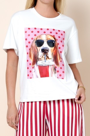 T1622-NY7246A<br/>Coca Dog Polka Dot Print Oversize T Shirts