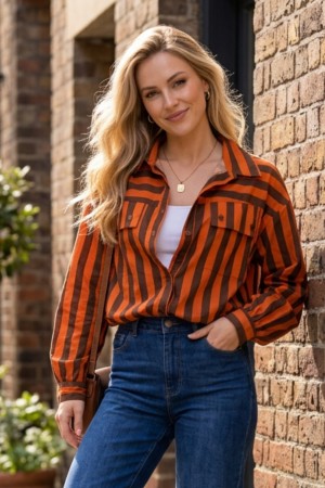 TE-9983<br/>Linda Striped Collar Double Long Sleeves Blouse